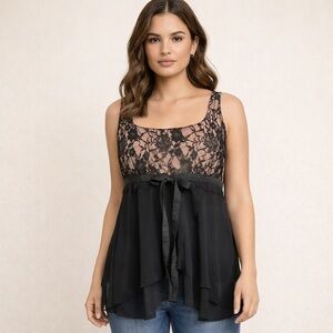 Bandolino Black Lace Chiffon Babydoll Top Size 16